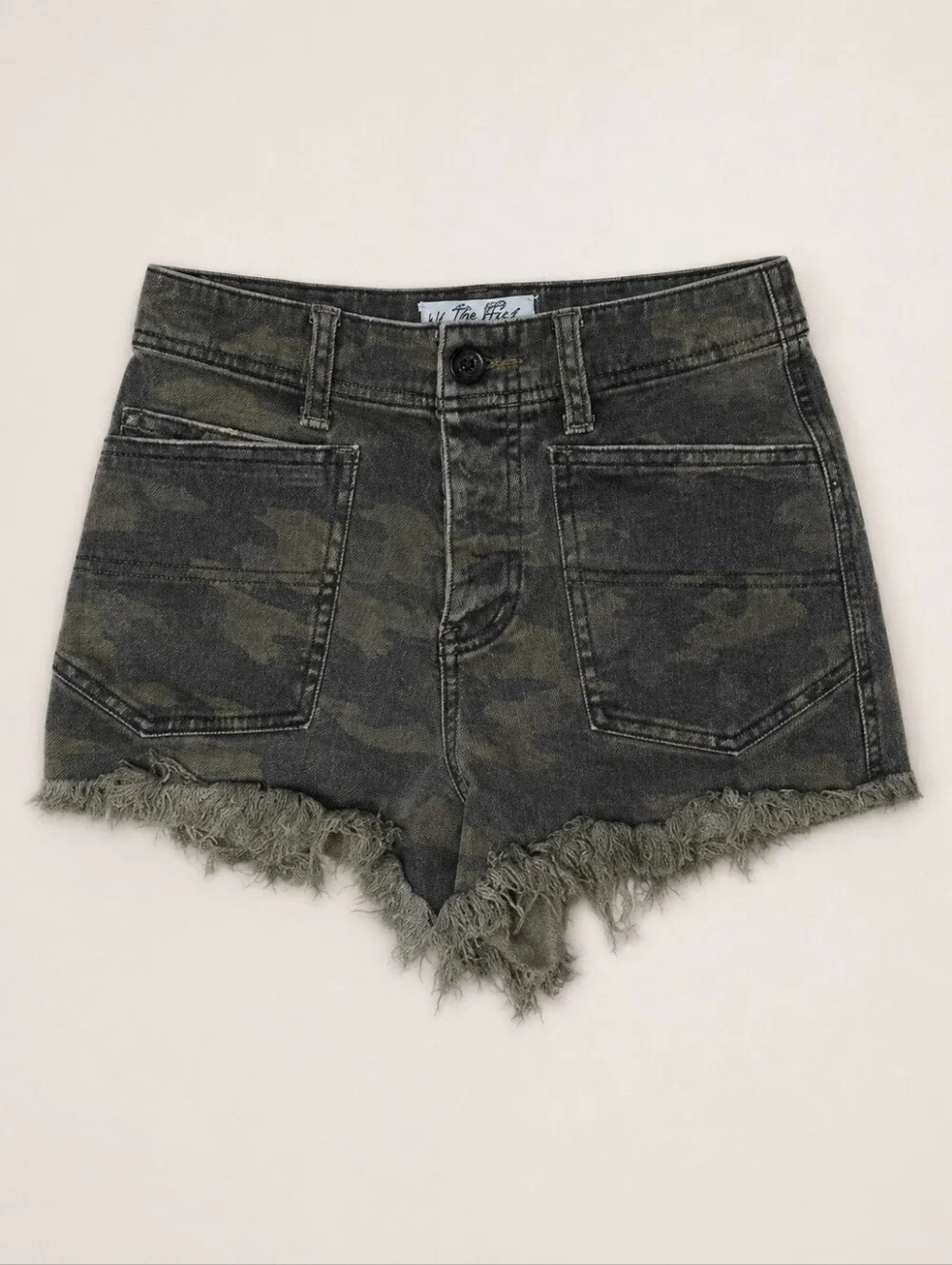 Free People We The Free Commander Camo Denim High Rise Raw Hem Shorts Size 25 - Picture 3 of 13